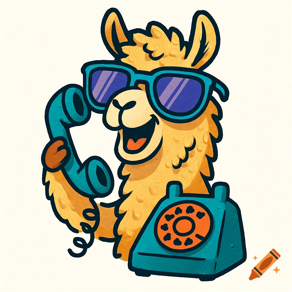 A cheerful cartoon llama wearing blue sunglasses holds a teal vintage telephone receiver to its ear, with a matching rotary phone beside it.