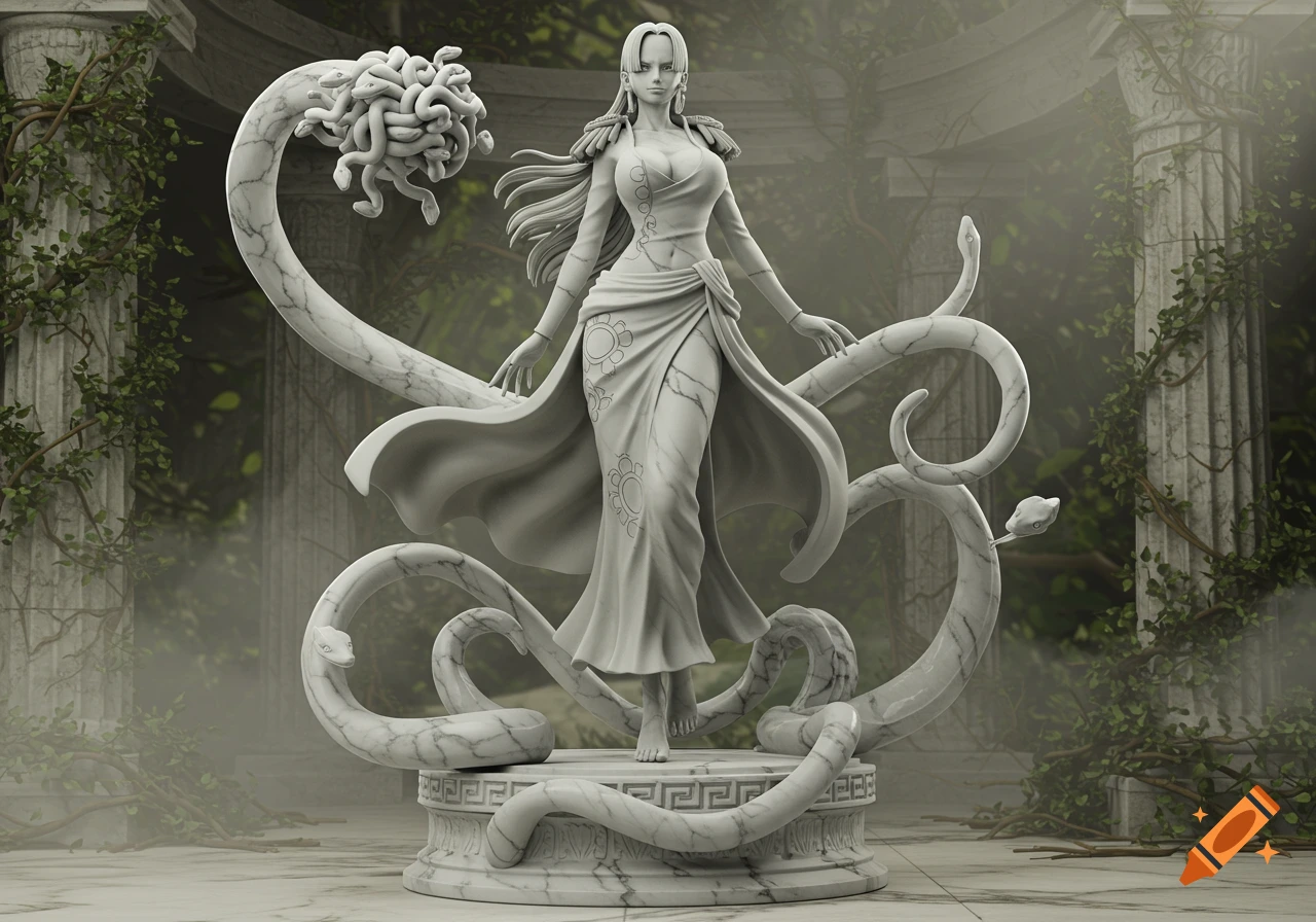 A grayscale marble statue of Boa Hancock from One Piece, with snakes wrapping around her, standing in ancient ruins with pillars and vines.