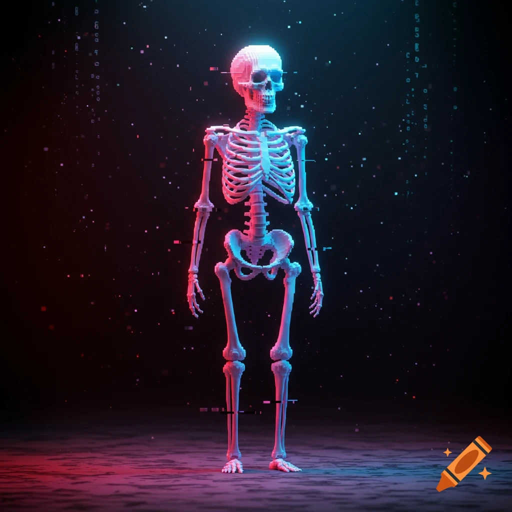 A pixelated human skeleton stands in a dark space, illuminated by blue and red neon light with digital glitch effects.