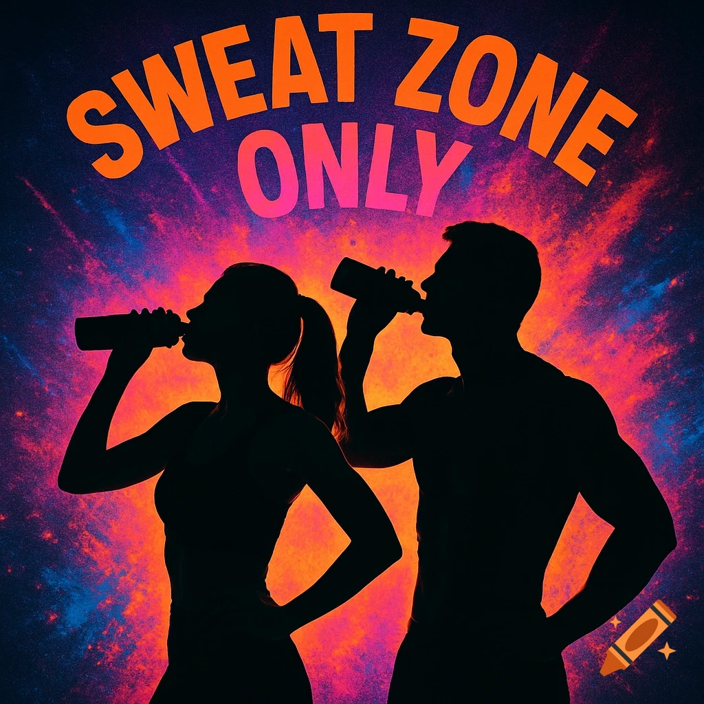 Silhouettes of a man and woman drinking from water bottles, against a vibrant, abstract background with the text 'SWEAT ZONE ONLY'.