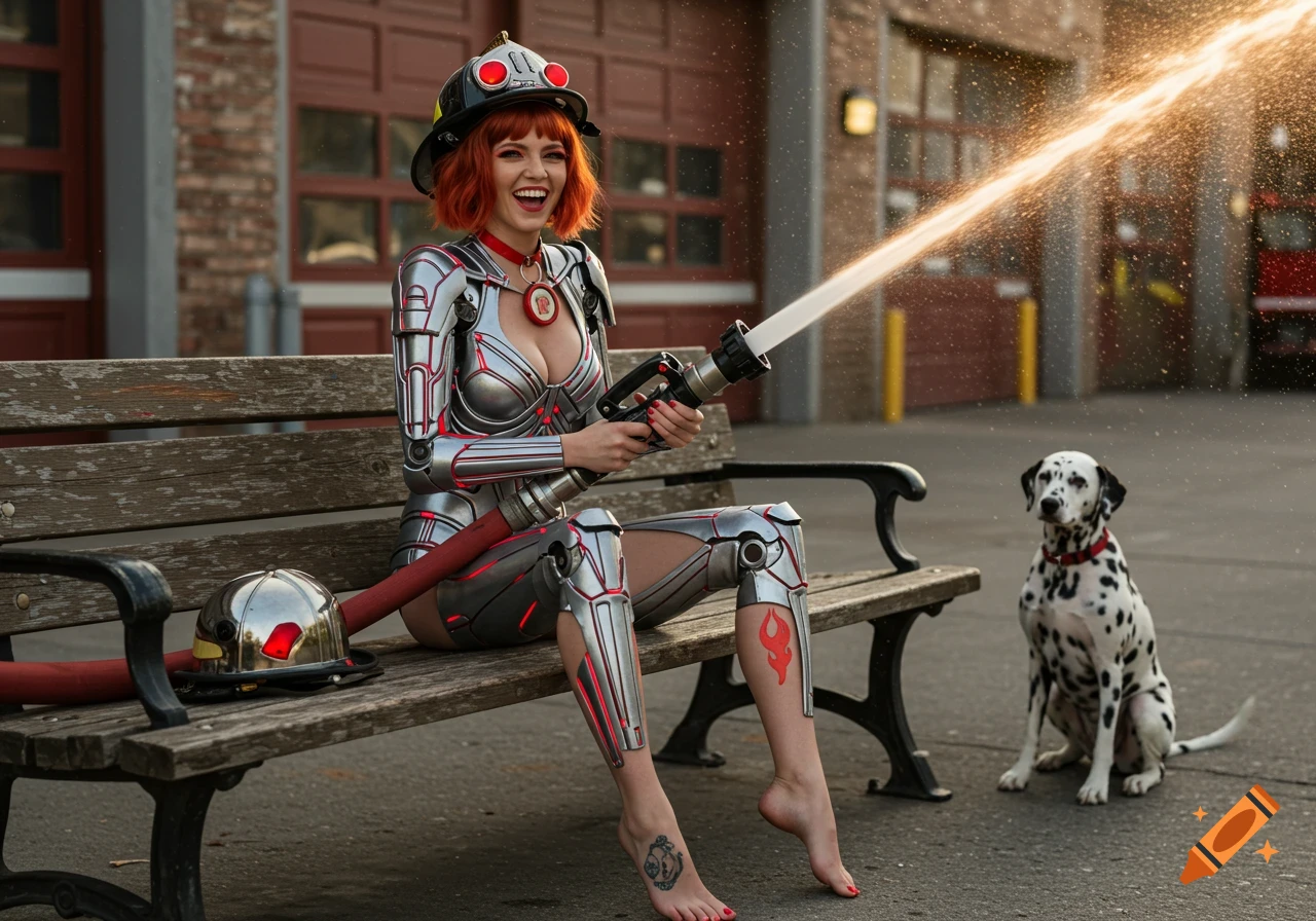A smiling woman in a silver biomechanical firefighter suit sits on a bench, spraying water from a hose, with a dalmatian nearby by a fire department.