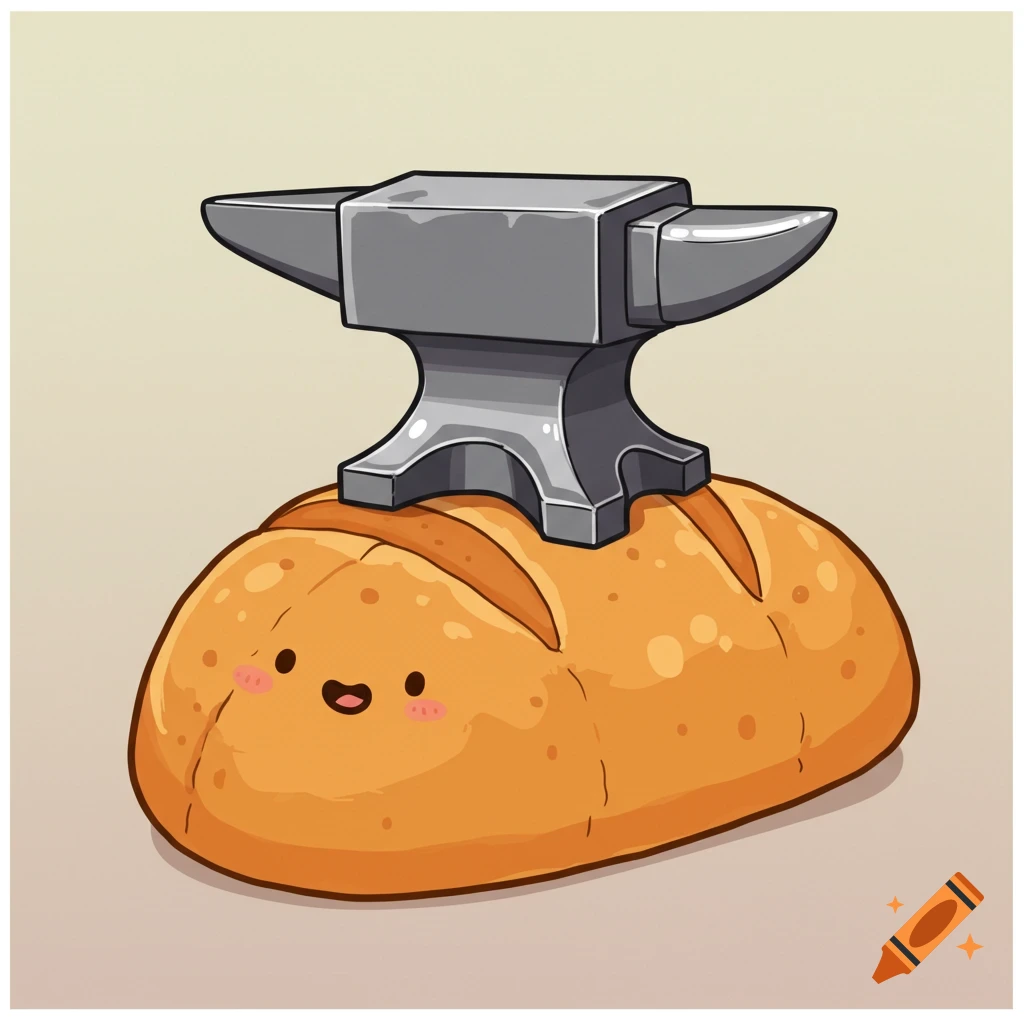 A cartoon loaf of bread with a happy face, with a large gray anvil sitting on top of it.