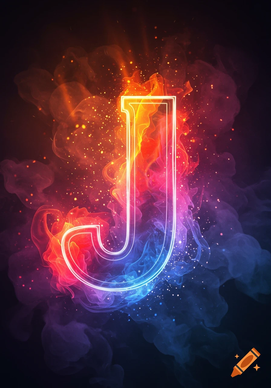 A glowing letter J surrounded by vibrant orange, pink, and blue smoke and fire effects, with sparkling particles.