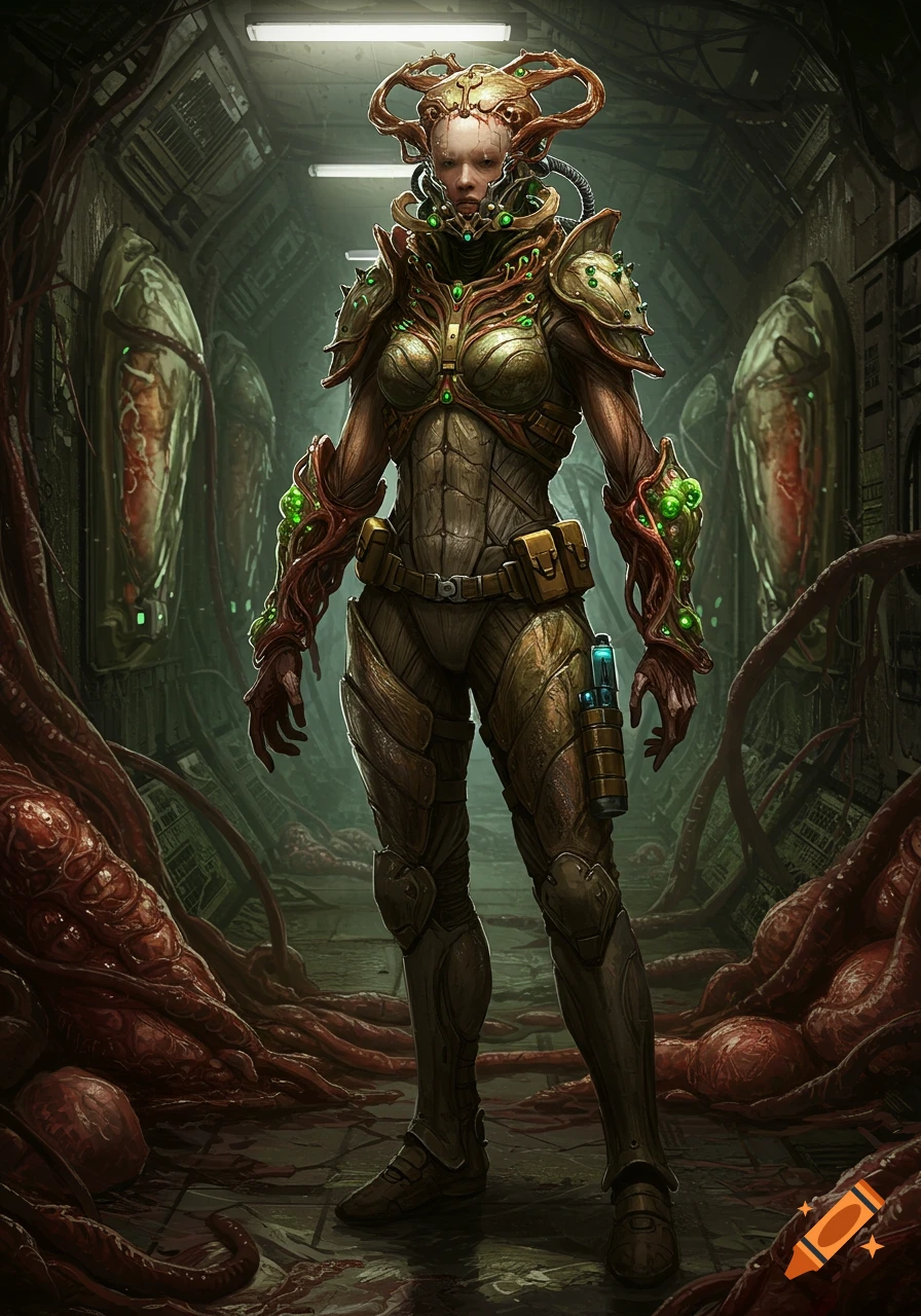 A full-body portrait of a female sci-fi freelancer in a biomechanical suit, standing in a decaying, fleshy corridor. The scene has horror-sci-fi concept art style.