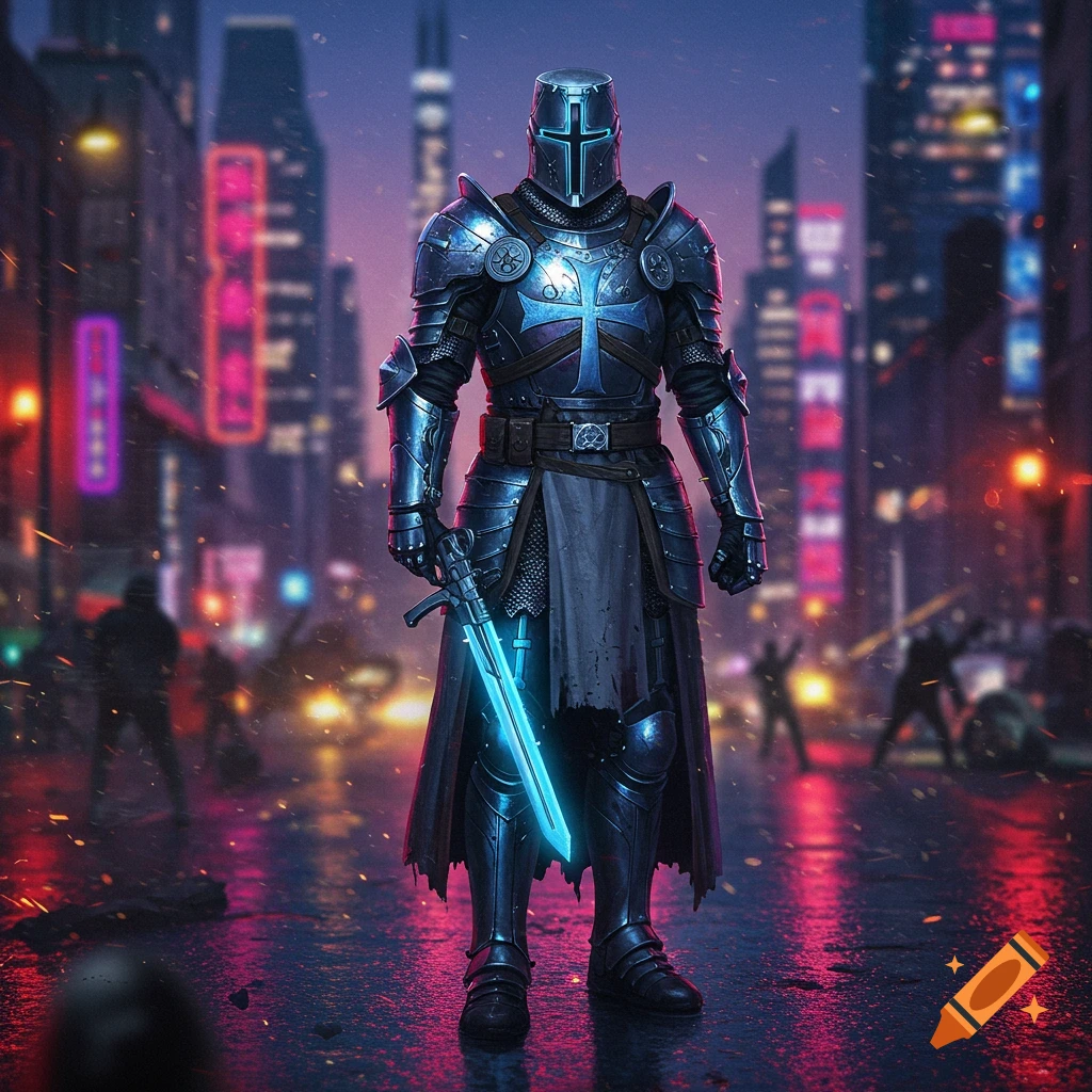 A futuristic knight in shiny blue armor holds a glowing sword in a neon-lit cyberpunk city at night.