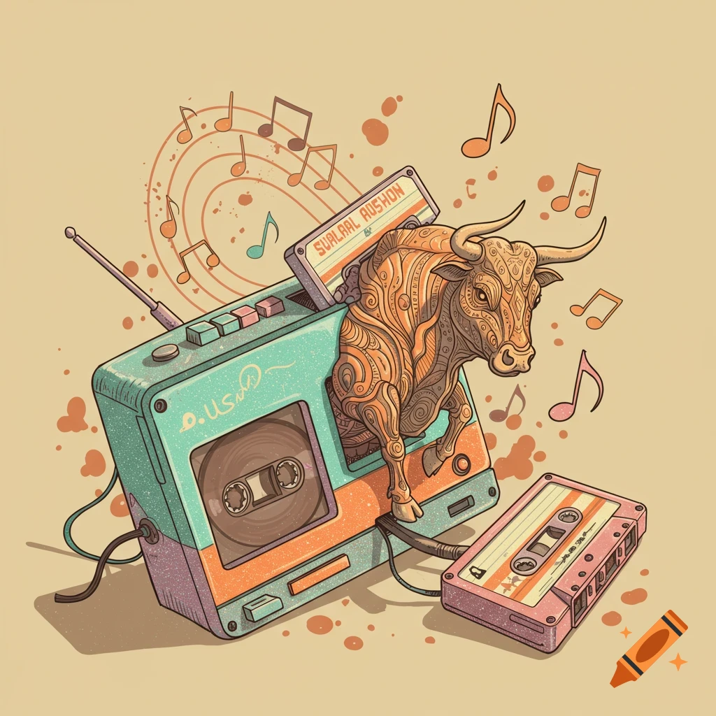 An illustration in teal and orange of a decorative bull emerging from a retro cassette player, surrounded by musical notes and a connected cassette tape.