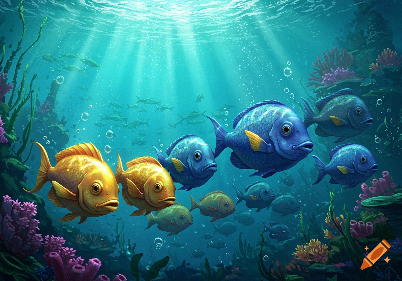 Vibrant illustration of blue and gold fish swimming among coral and seaweed in a sunlit underwater scene.