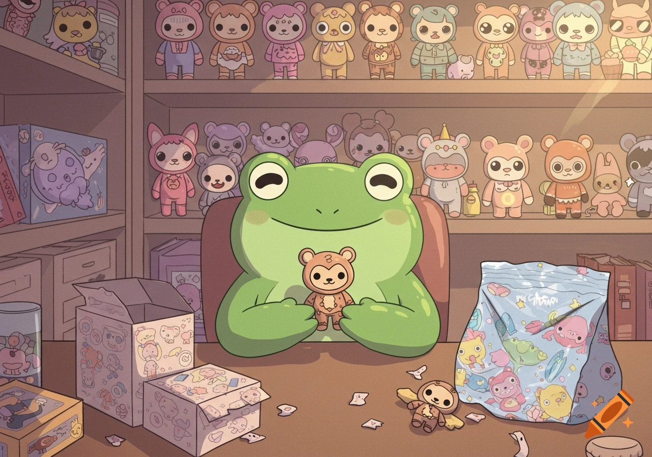 A happy green cartoon frog sits at a desk in a cozy room, holding a small brown vinyl toy. Shelves of collectible figures fill the background, with open boxes and bags on the desk.