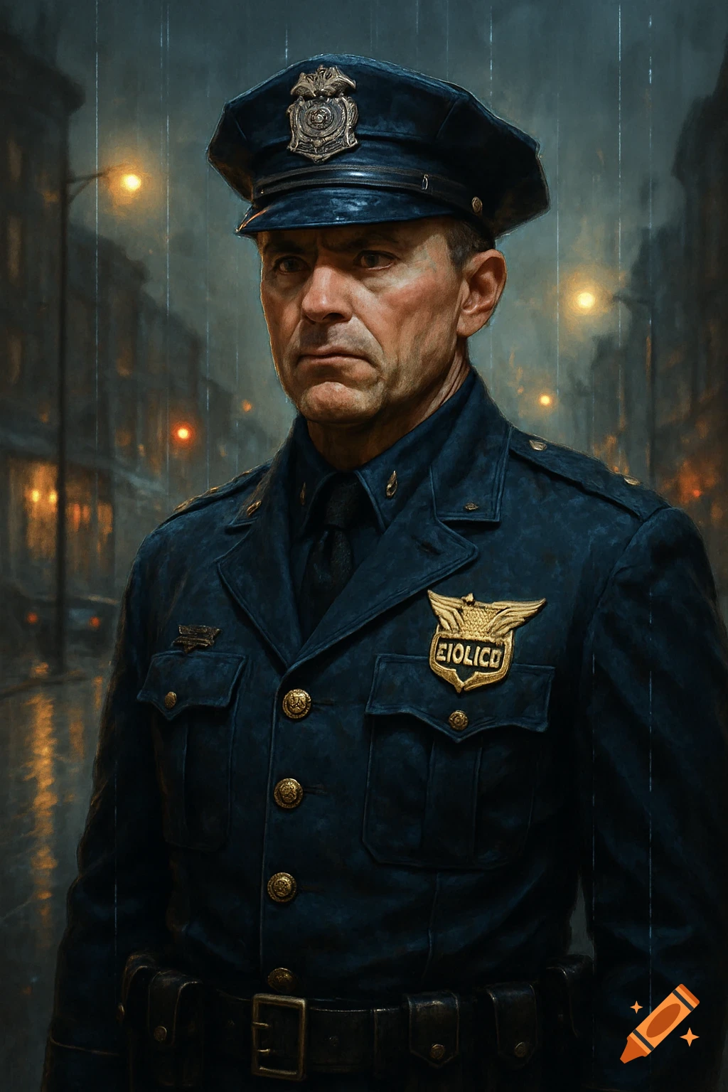 A stern police officer in a dark blue uniform and cap stands in the rain on a city street at night. Photorealistic style.