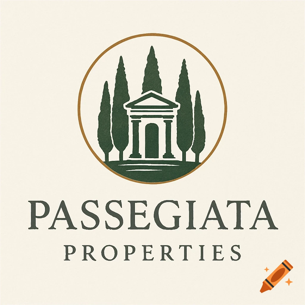 A company logo for Passegiata Properties, featuring a classical building and cypress trees inside a golden circle, with the company name below.