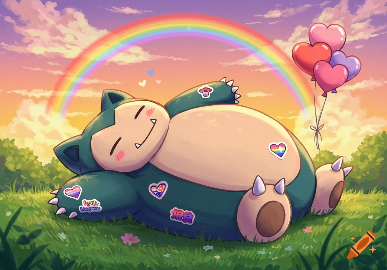 A happy Snorlax lies in a grassy field under a rainbow sky, adorned with pride flag stickers and holding heart balloons.