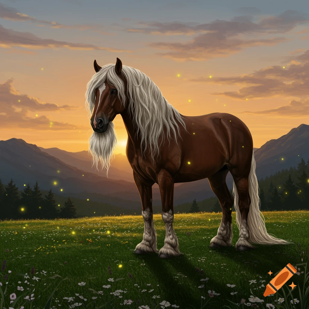 A brown horse with a long white mane and beard stands in a green field at sunset, with mountains and glowing specks.