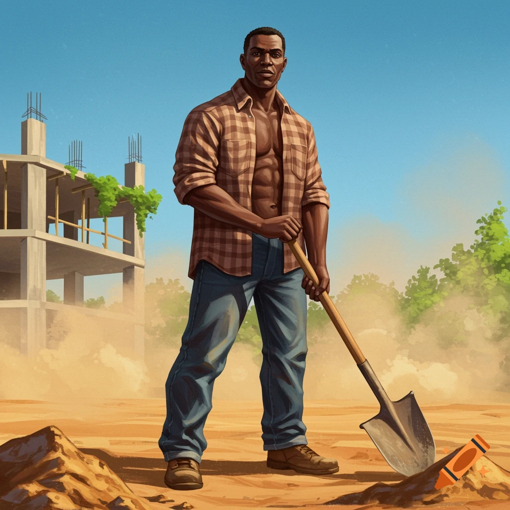 An illustrated dark-skinned man with an unbuttoned plaid shirt and jeans holds a shovel at a dusty construction site with a building frame.