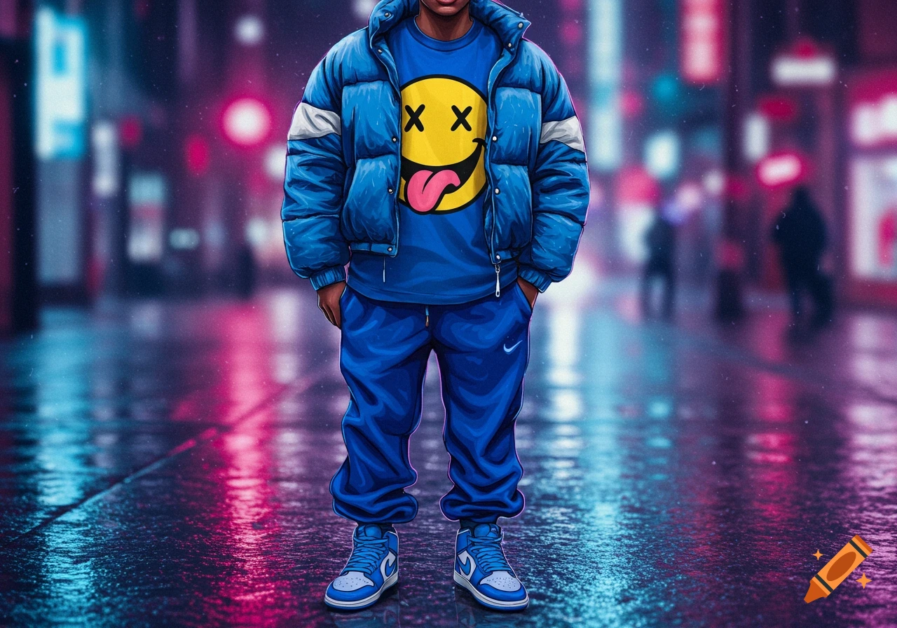 A person wearing a blue puffy jacket, a blue t-shirt with a yellow smiley face with X eyes and tongue out, blue baggy sweatpants, and blue and white Nike sneakers stands on a wet street at night with blurry city lights.