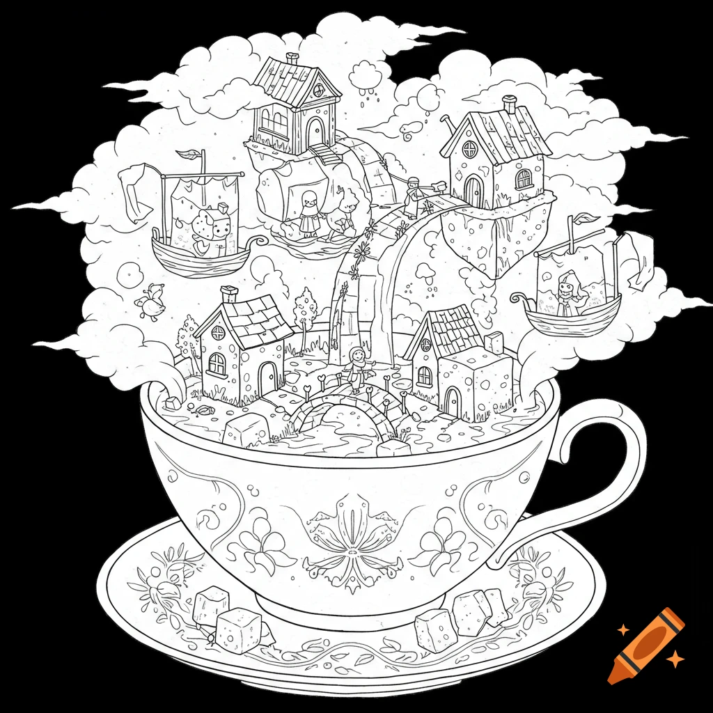 Whimsical line art of a tiny village inside a teacup, with houses, bridges, boats, and steam clouds, in a coloring book style.