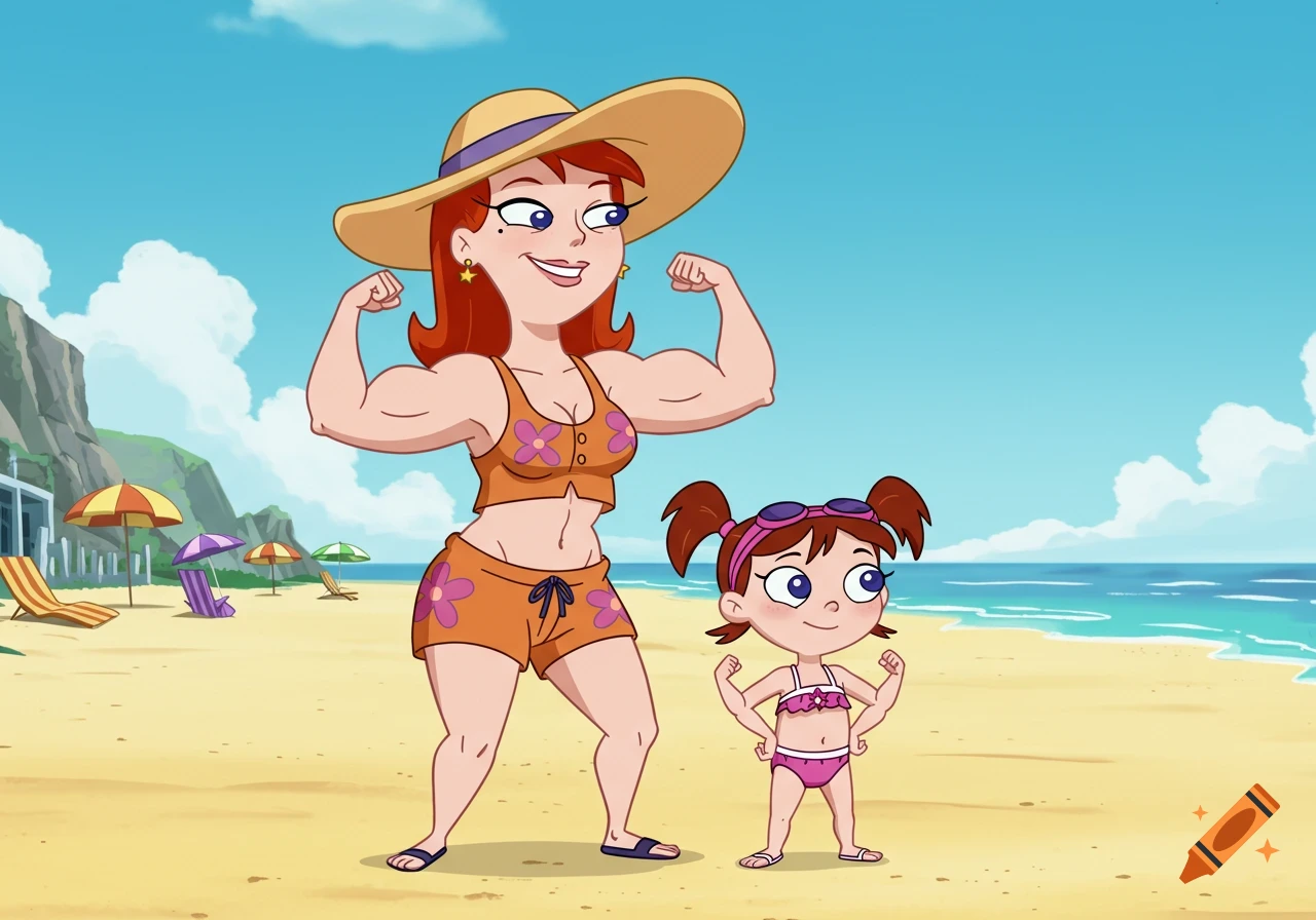 A muscular cartoon woman in a hat and an orange floral top flexes her biceps next to a young girl in a pink swimsuit who also flexes her arms on a sunny beach.