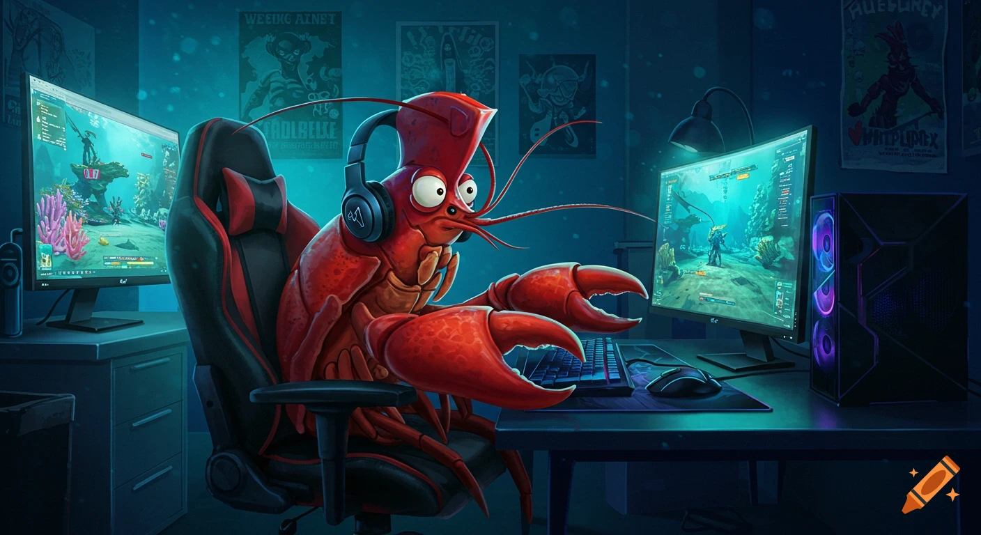 A cartoon red lobster wearing headphones sits in a gaming chair at a desk with two computer monitors and a PC tower, playing video games.
