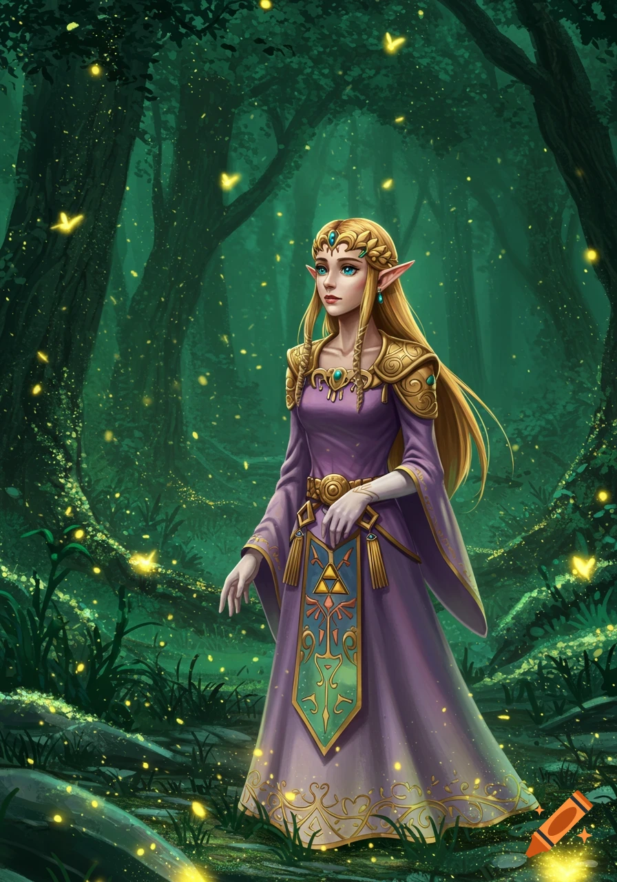Princess Zelda with long blonde hair in a purple and gold dress stands in a magical forest filled with glowing fireflies.