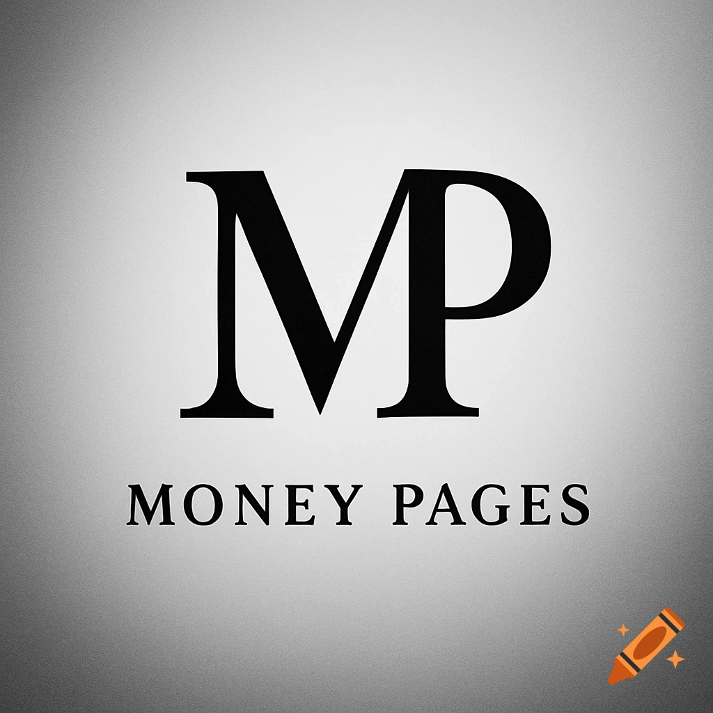 Black and white logo featuring intertwined serif letters 'MP' above the words 'MONEY PAGES' on a gradient background.