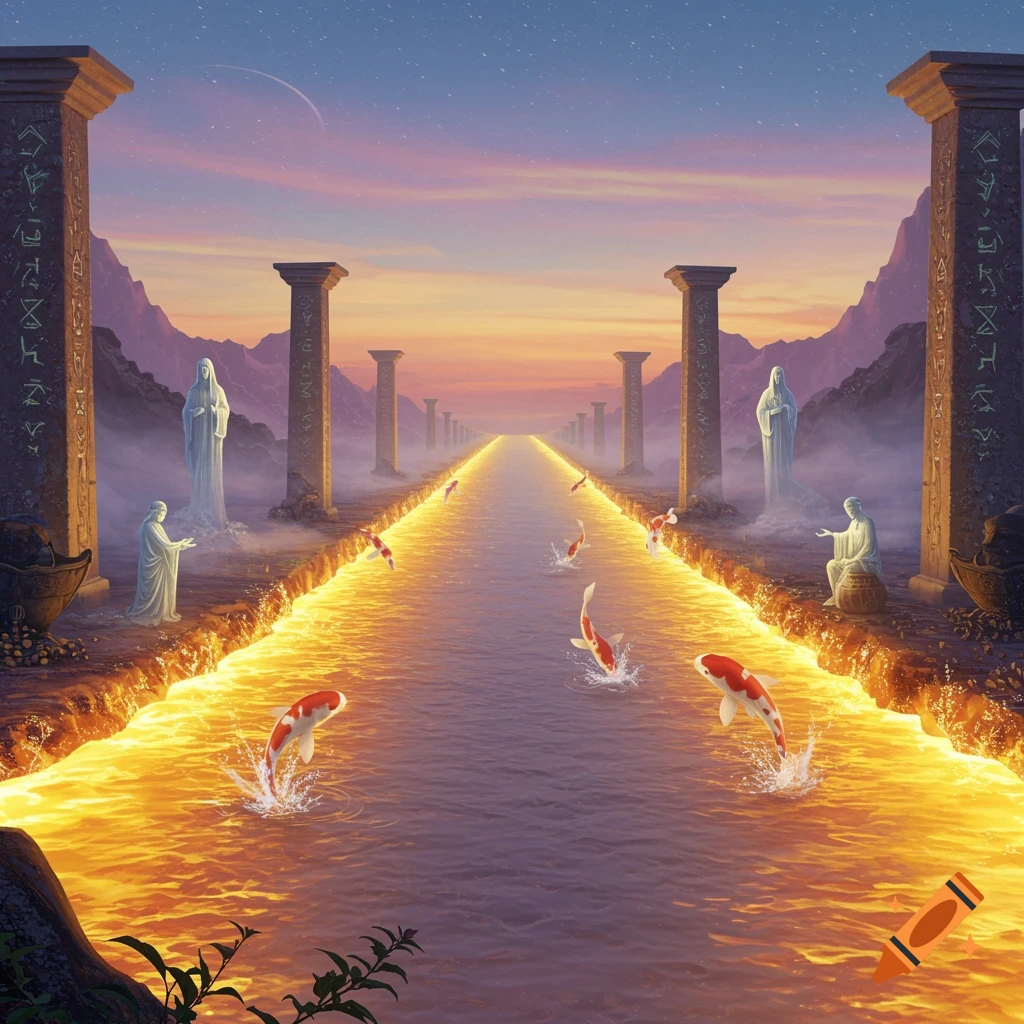 A vibrant fantasy landscape with a glowing golden river, koi fish jumping, ancient stone pillars, and robed statues under a twilight sky.