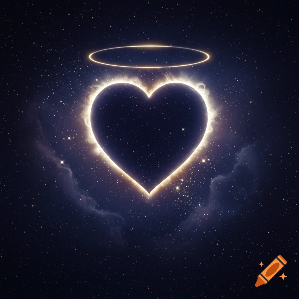 A glowing heart with a golden halo set against a starry night sky with cosmic clouds.