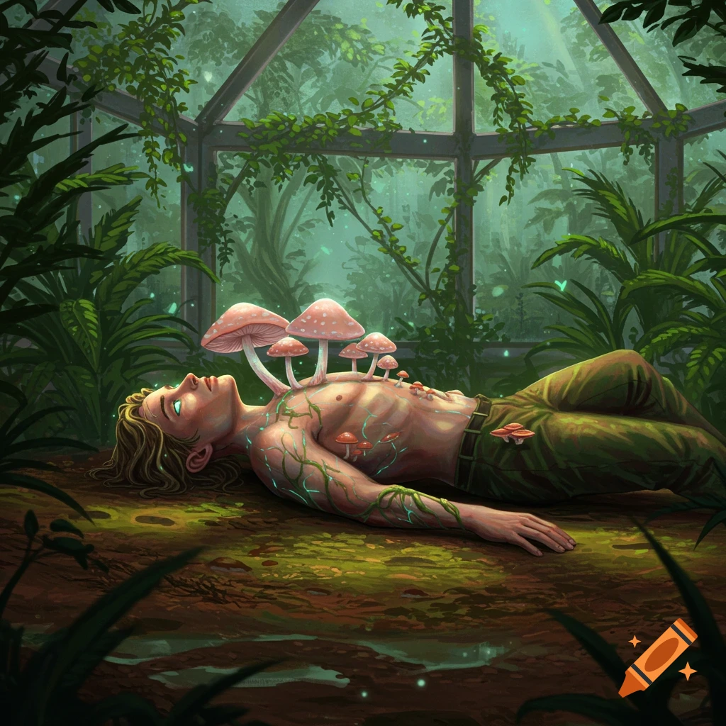 A person with mushrooms growing on their body lies on the ground in a greenhouse.