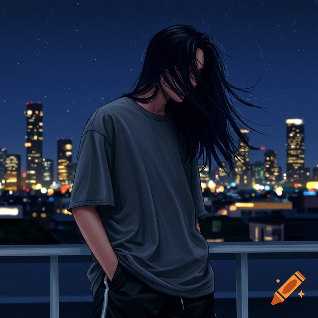 Anime illustration of a long-haired person in an oversized t-shirt on a rooftop at night, overlooking a city skyline.