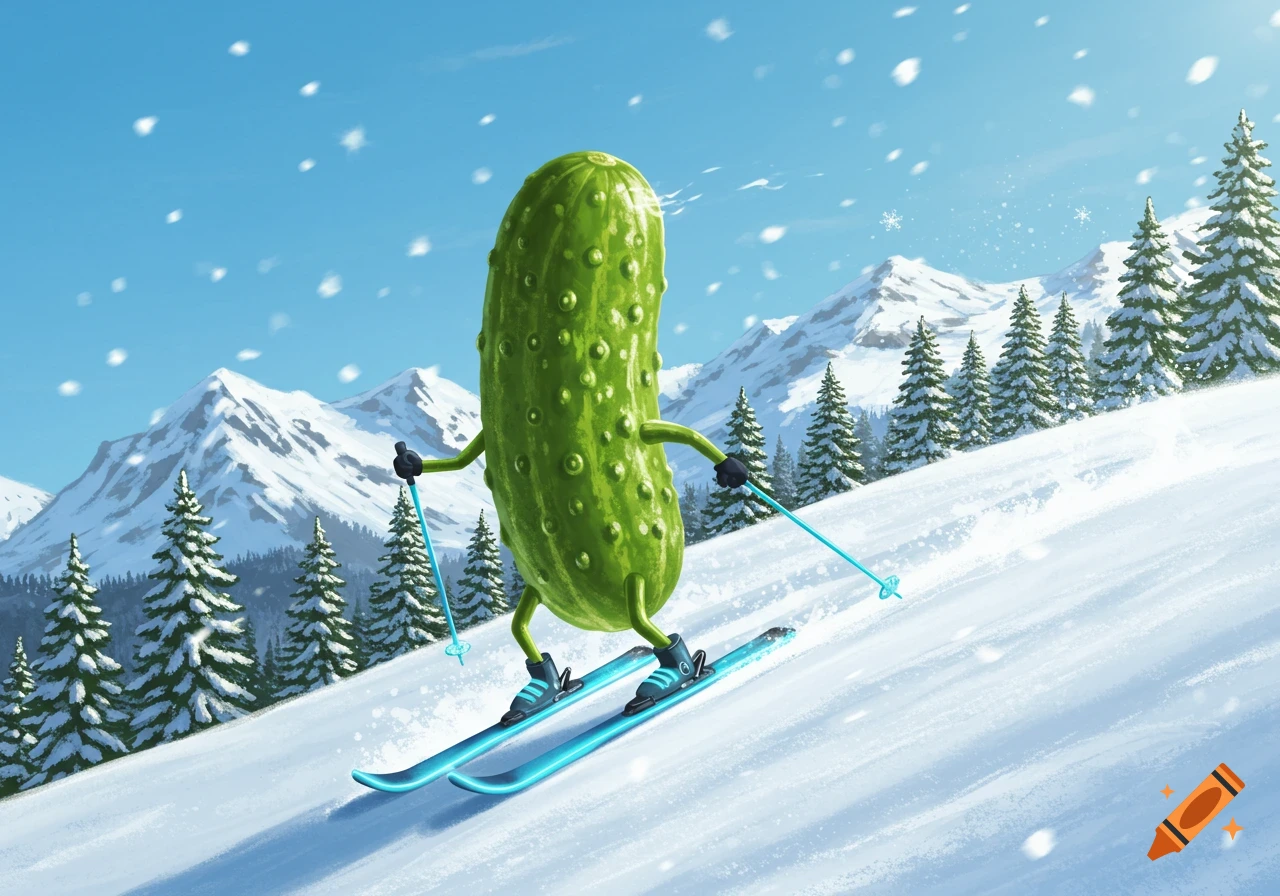 A cartoon dill pickle with arms and legs skis down a snowy mountain slope under a blue sky, surrounded by pine trees and distant peaks.