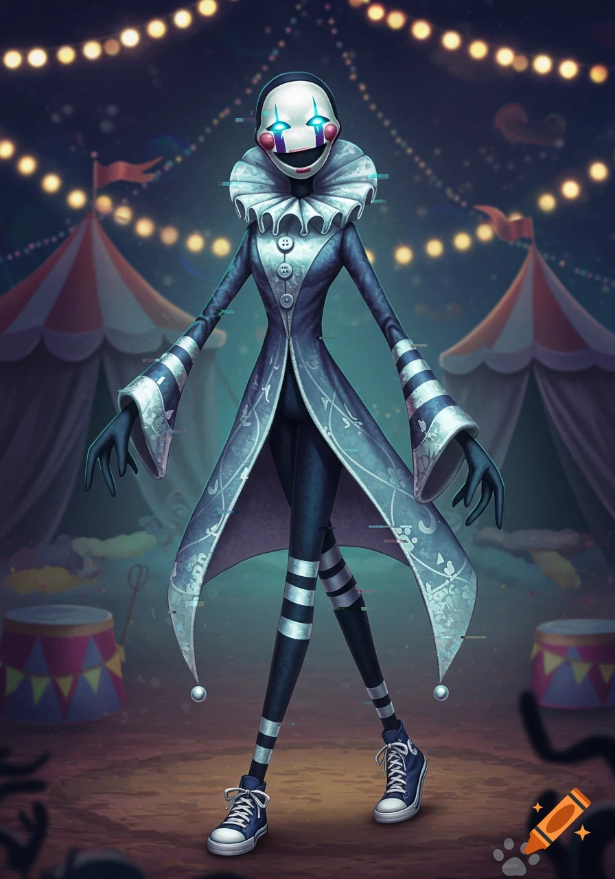 A stylized puppet character with a white mask, blue glowing eyes, and a ruffled collar, wearing a dark blue coat, striped pants, and Converse shoes, standing in a surreal circus tent background with string lights.