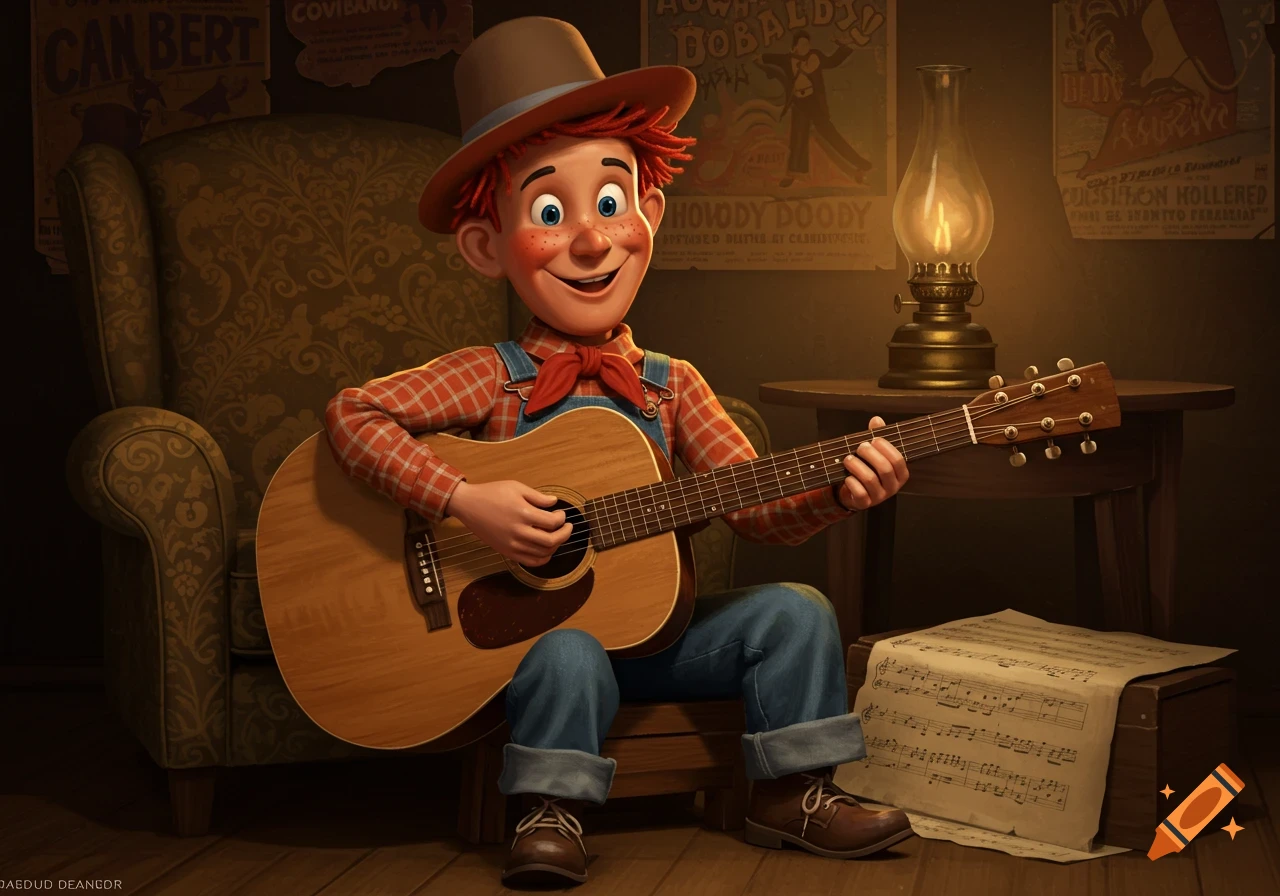 A stylized cartoon character resembling Howdy Doody sits on a small stool, playing an acoustic guitar. He wears a brown hat, red plaid shirt, and blue overalls, with sheet music on the floor beside him and vintage posters on the wall.