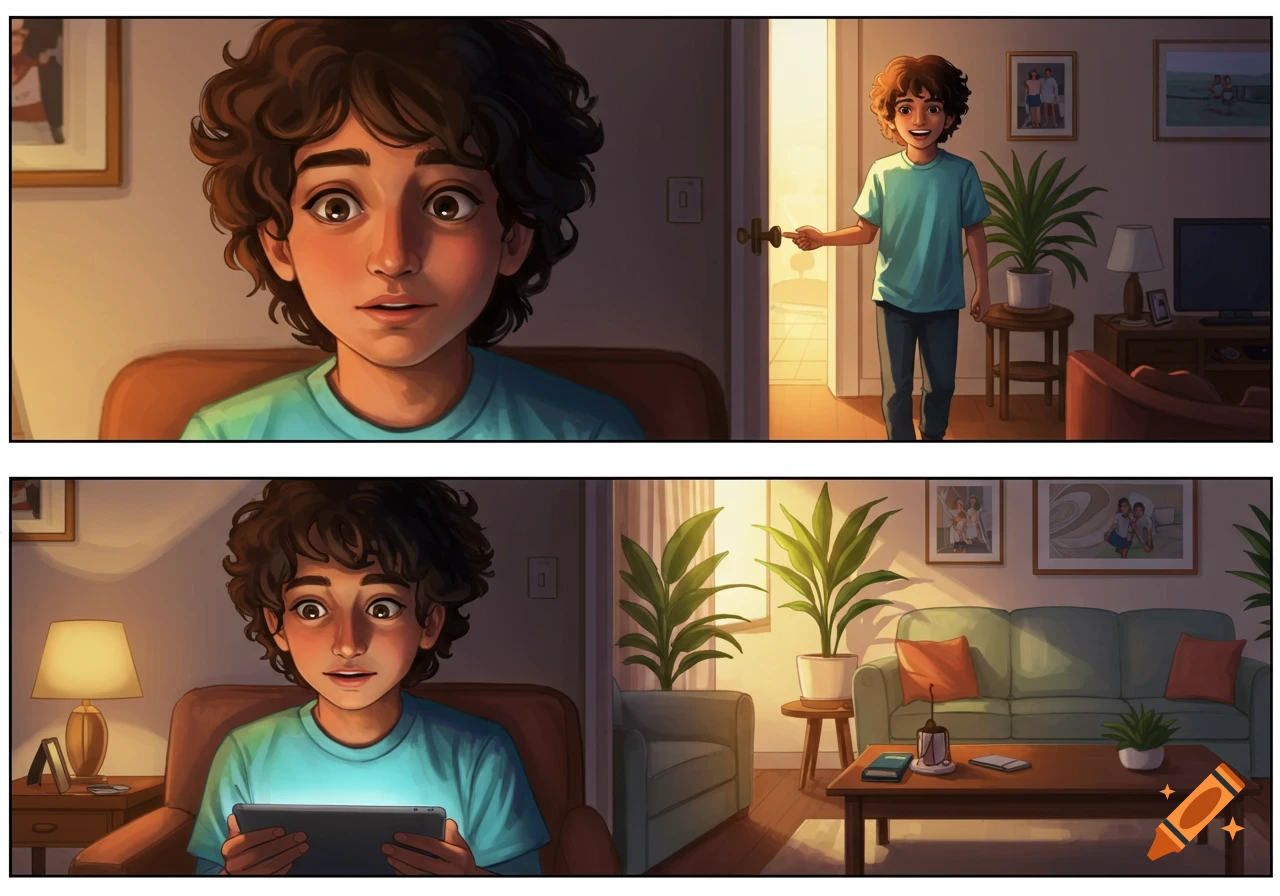 Illustrated comic panels: a boy focused on a glowing tablet, another boy smiling while entering a bright room, and their cozy living room.