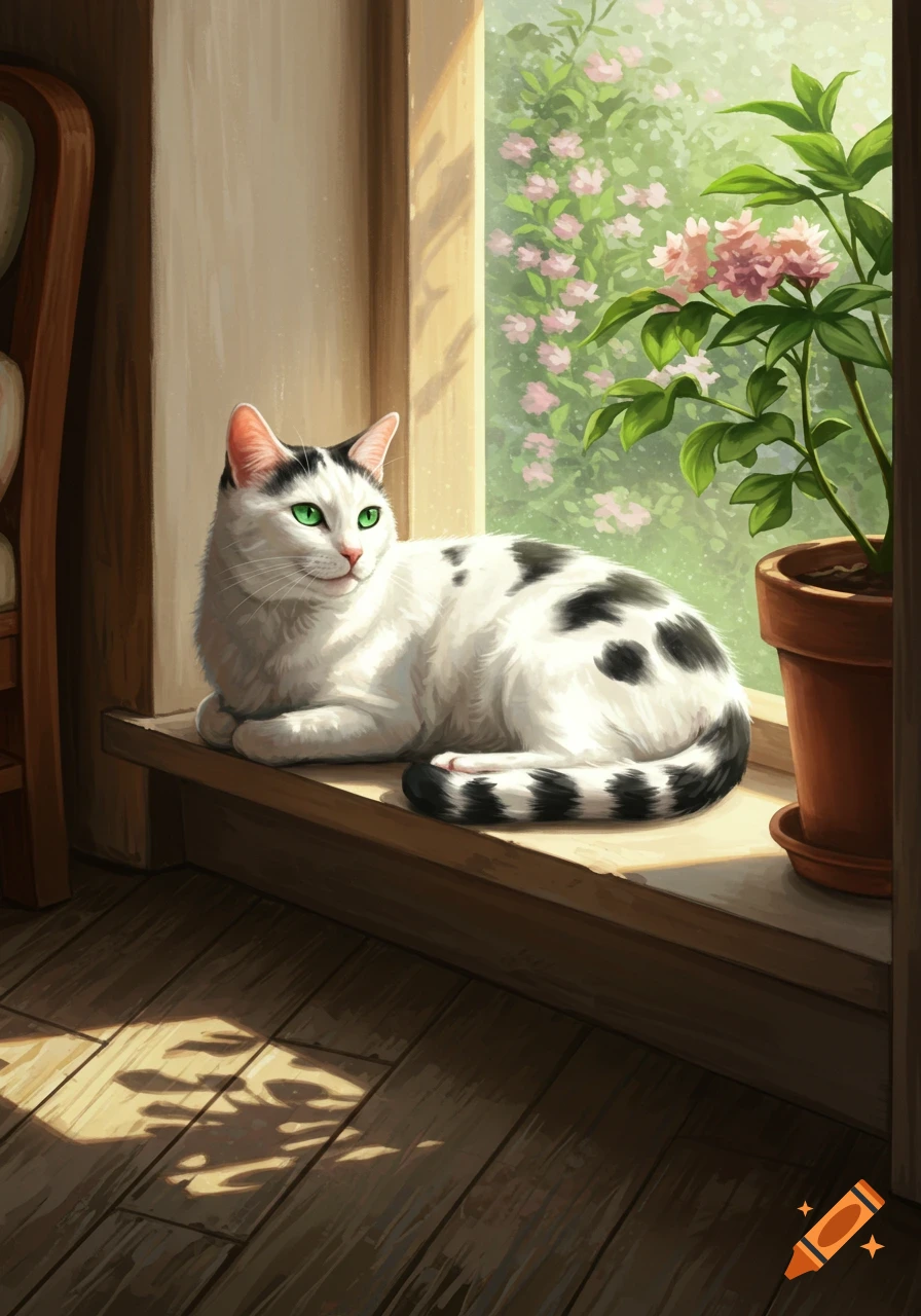 A white cat with black spots and green eyes rests on a sunny windowsill, with a potted plant and blooming flowers outside, in an illustration.