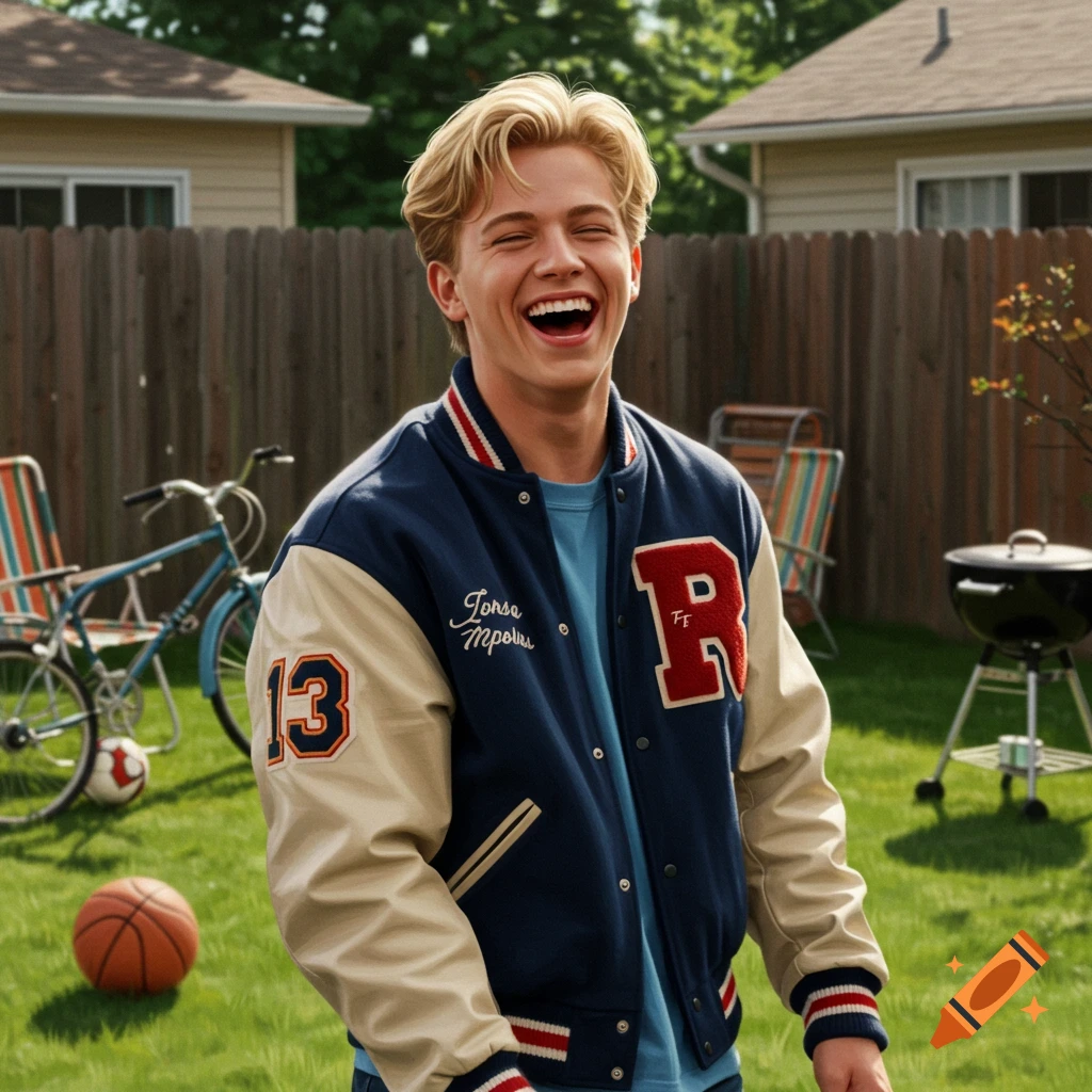 A blonde young man in a blue and cream letterman jacket laughs joyfully in a sunny backyard.