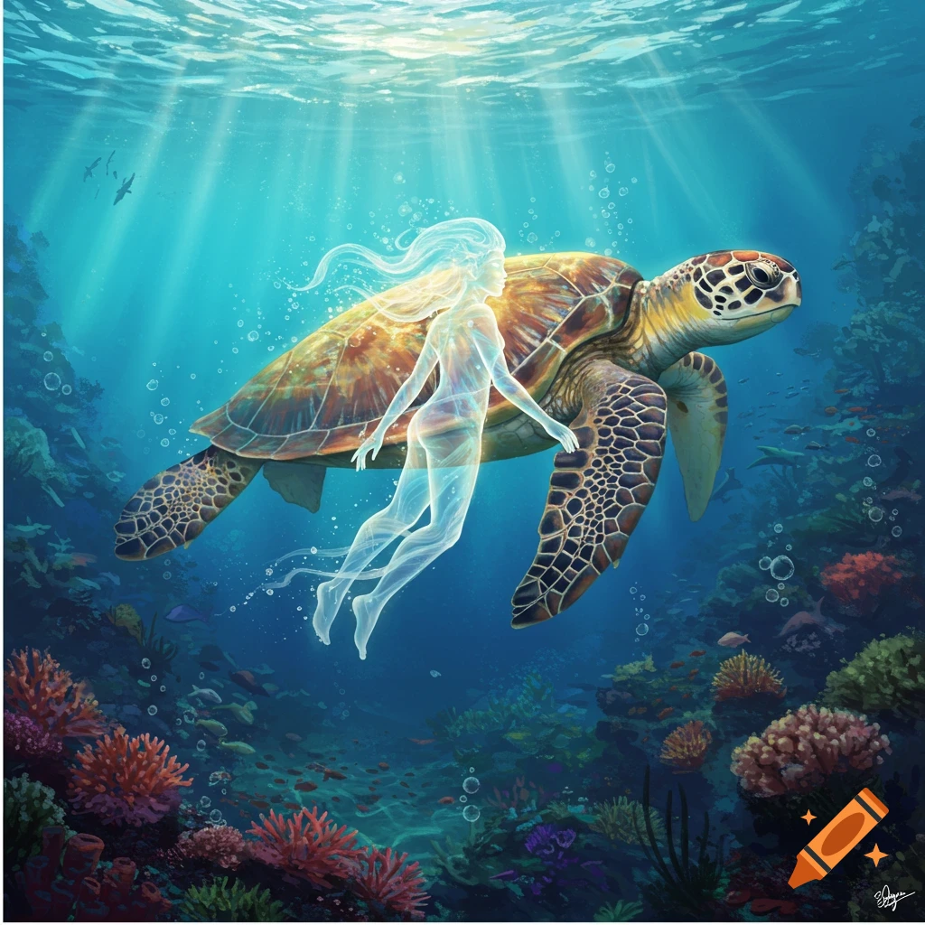 A translucent ethereal figure swims alongside a large sea turtle in a vibrant underwater coral reef, with light rays shining from above.