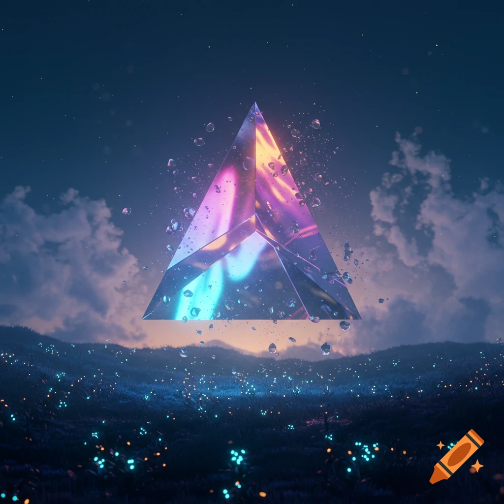 An iridescent, glowing pyramid floats above a dark, rolling landscape with bioluminescent plants under a starry night sky.