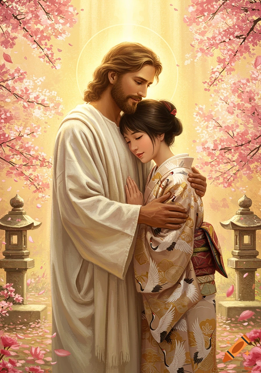 Jesus embraces a young Japanese woman in a kimono amidst a garden of pink cherry blossoms and stone lanterns, in a spiritual, dreamlike style.