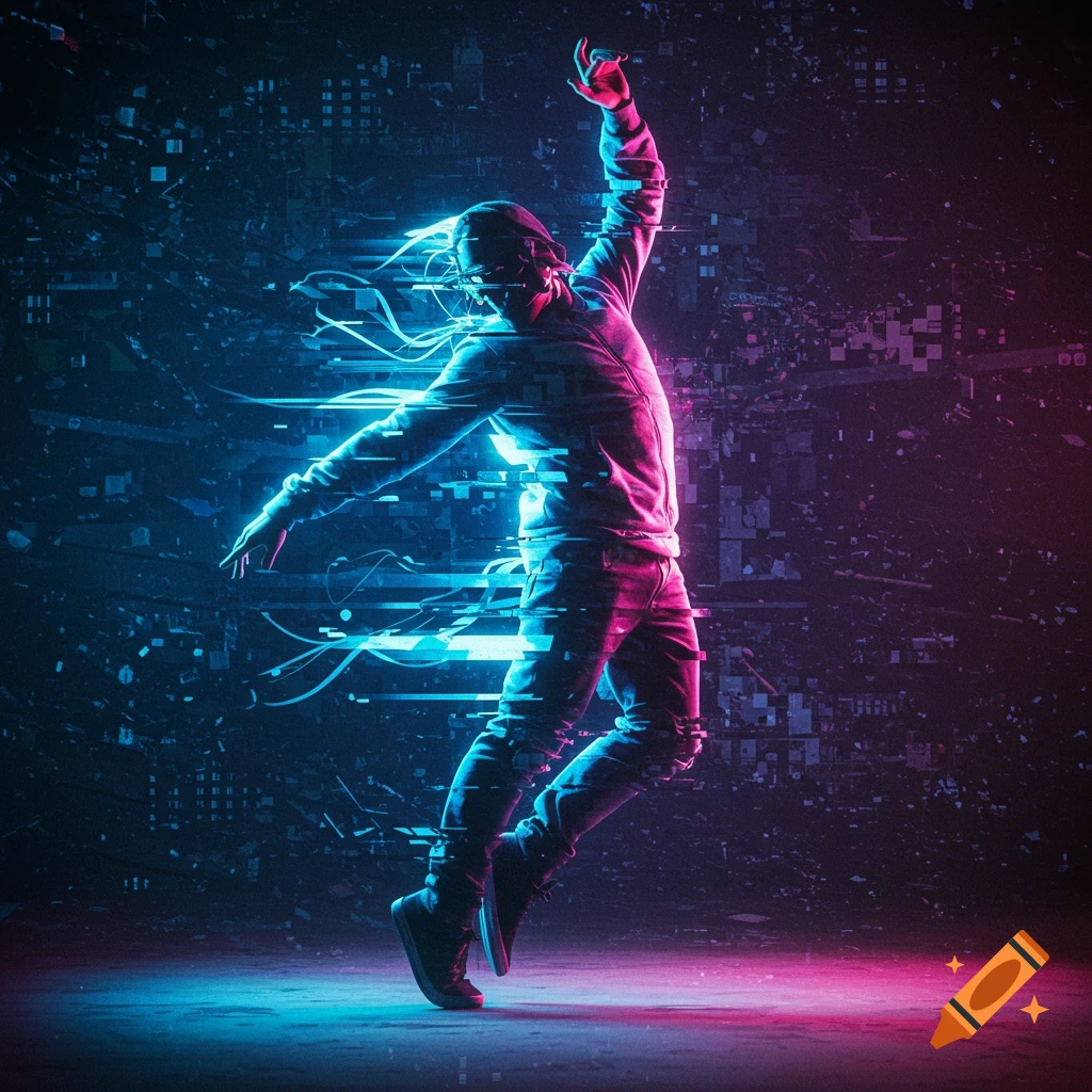 A person dancing with neon lights and digital glitch effects against a dark, tech-inspired background.