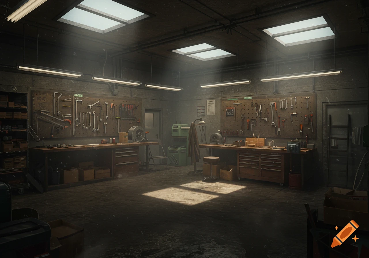 A detailed, photorealistic view of a maintenance workshop with tools on pegboards, workbenches, and light filtering through skylights.