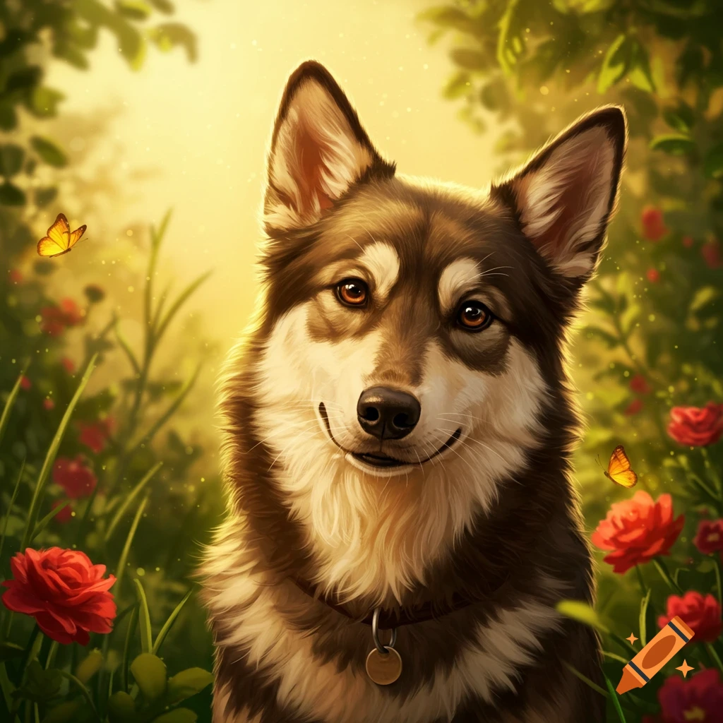 A friendly brown and white husky dog smiles in a sunny garden with red roses and butterflies. The image has a warm, illustrative style.