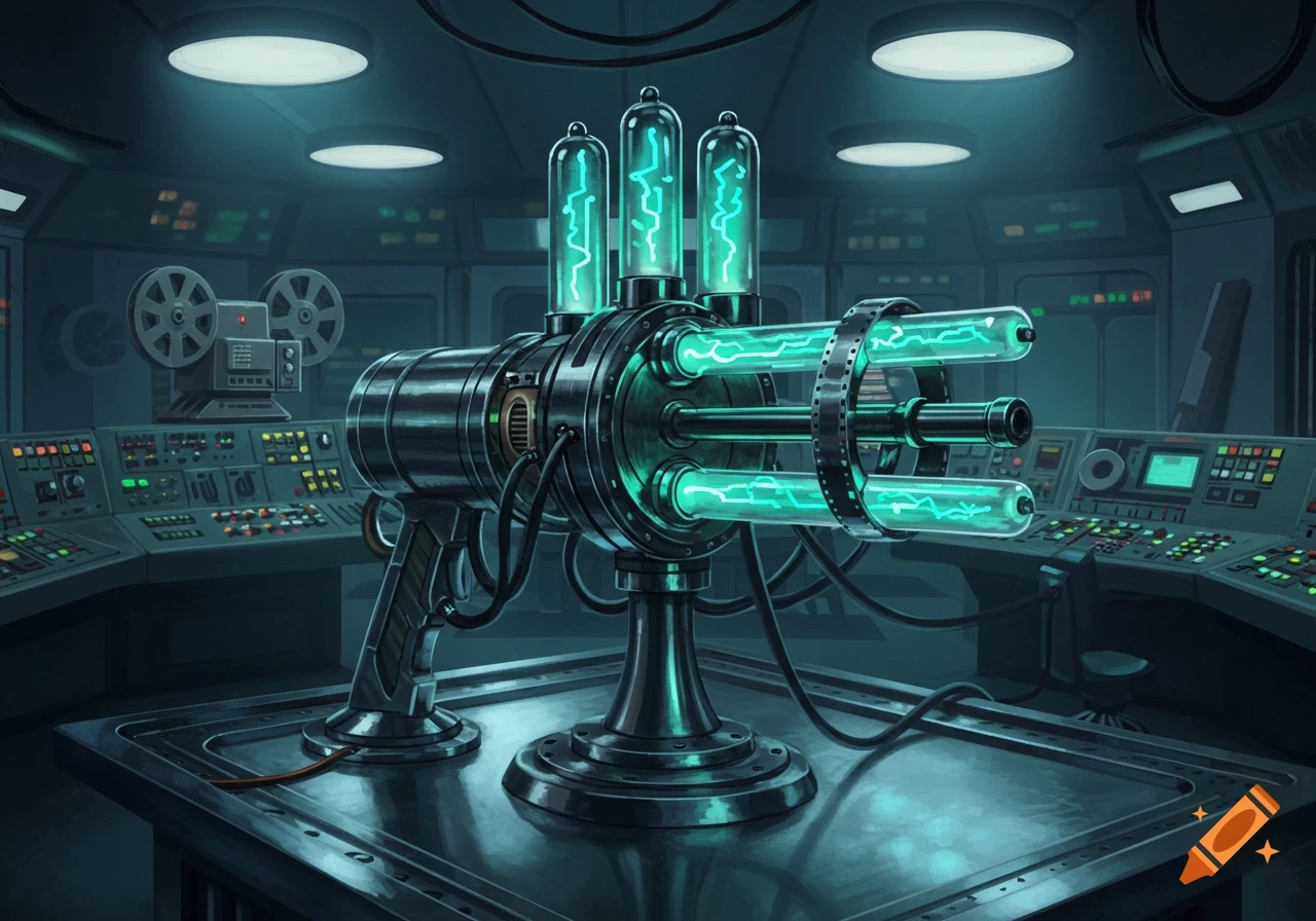 A retro-futuristic science fiction weapon with glowing green tubes on a metal table in a dimly lit control room filled with consoles.