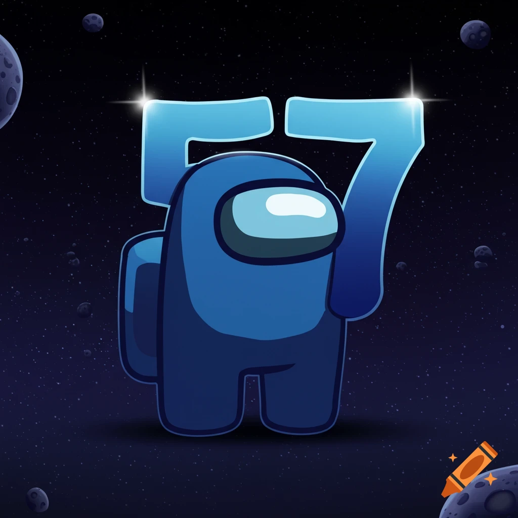 A blue Among Us character, with the numbers 5 and 7 integrated into its body, floats in a dark starry space with planets.