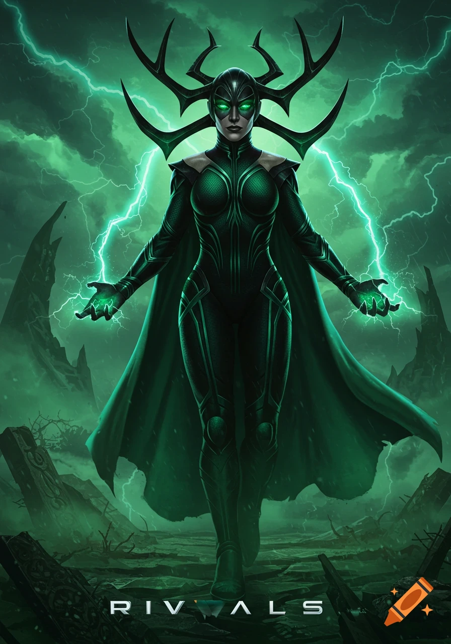 Hela from Marvel stands in a dark green suit and horned helmet, green lightning emanating from her hands in a stormy landscape. Comic art style.