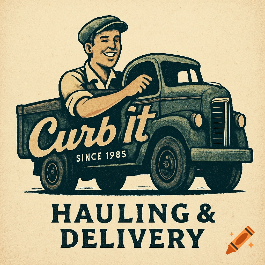 A vintage-style logo with a smiling man driving a green pickup truck, text 'Curb It Hauling & Delivery Since 1985'.