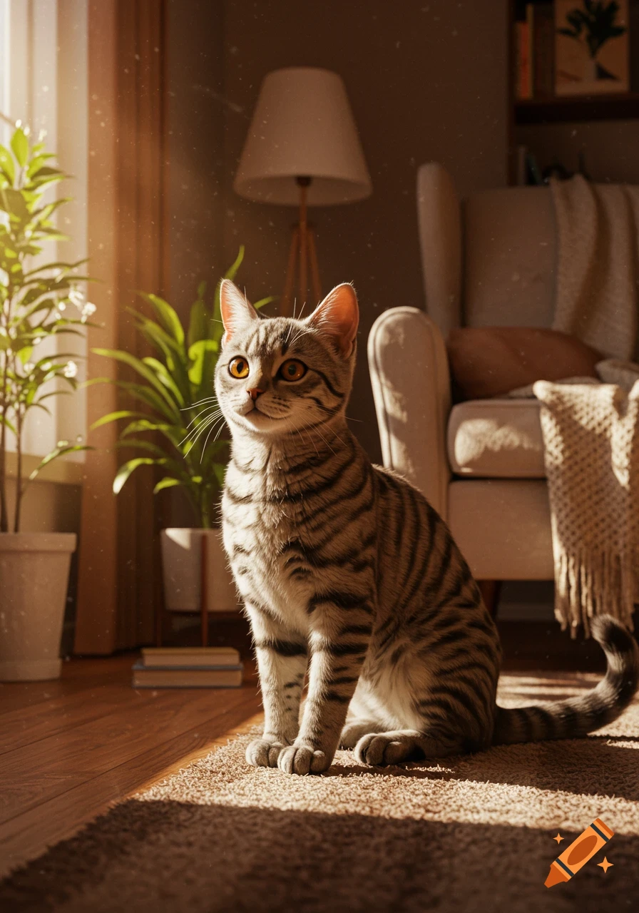Photorealistic image of a tabby kitten with orange eyes sitting on a rug in a sunlit room.