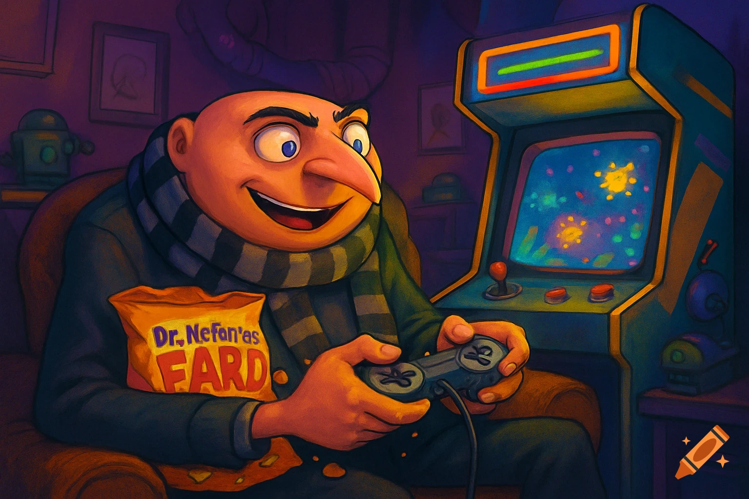 Gru, a bald man with a large nose and striped scarf, smiles while playing video games with a controller and holding a bag of chips in a dimly lit room with an arcade cabinet.