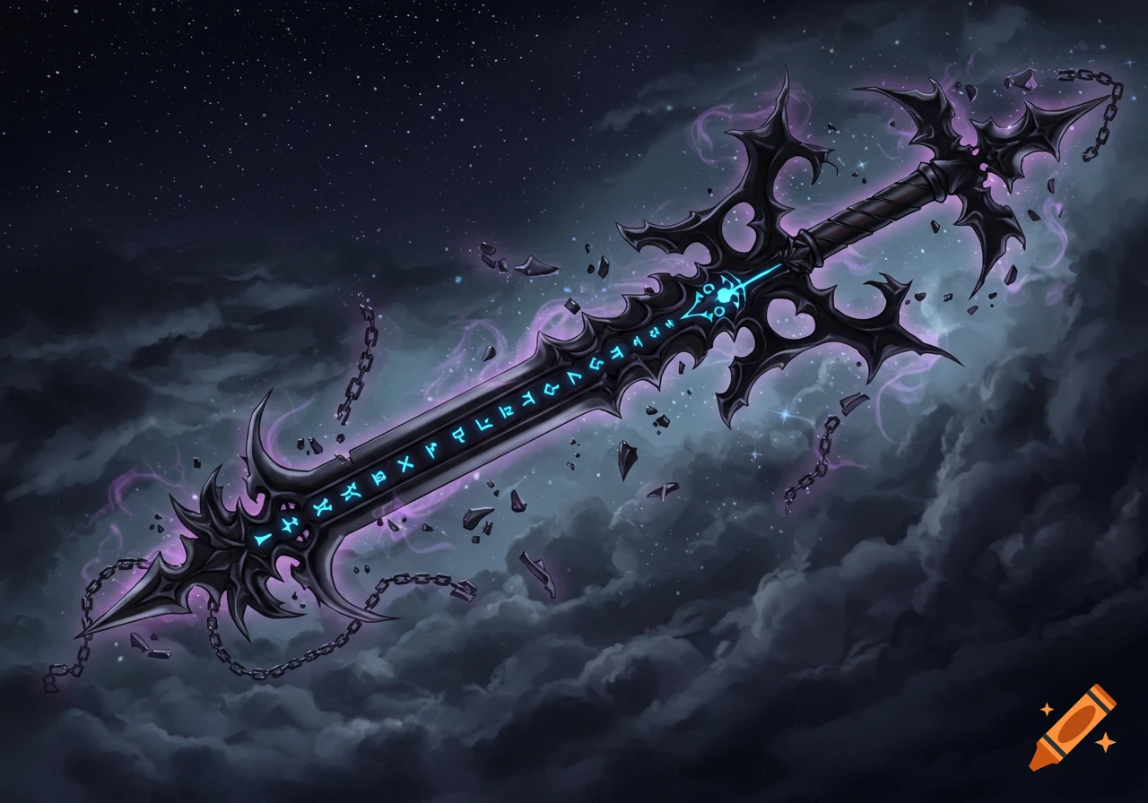 A stylized black and purple glowing fantasy sword, adorned with runes and chains, floats against a starry, stormy night sky.