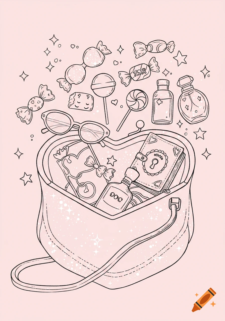 A black and white cartoon coloring page of a heart-shaped purse overflowing with Y2K items like candy, lollipops, sunglasses, perfume, and a locked diary, surrounded by sparkles.