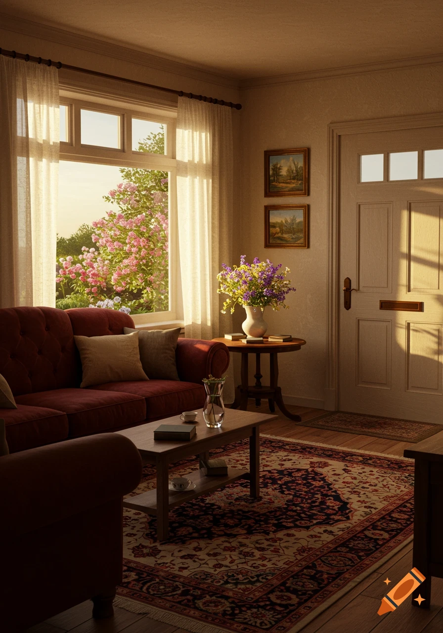 A cozy, sunlit living room with a red sofa, wooden coffee table, flowers, and a traditional rug, looking out to a vibrant flowering garden.