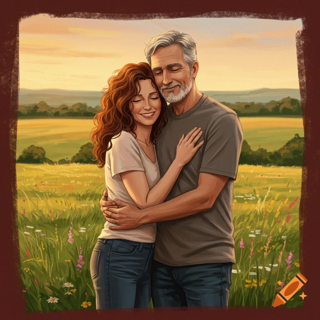 A man and woman hug in a sunny field at sunset, in an illustration style.