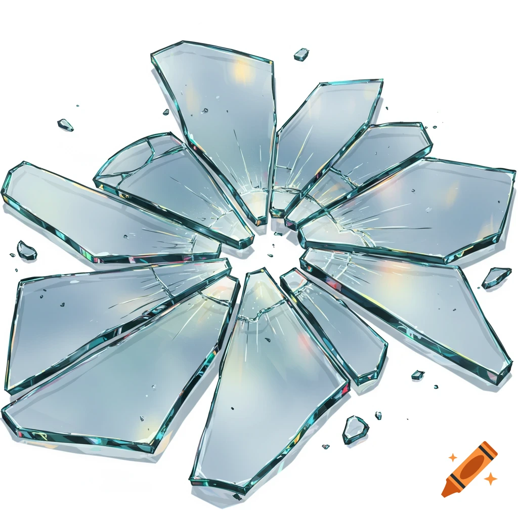 Shattered glass pieces arranged in a radial pattern on a white background, with a clean, illustrative style.